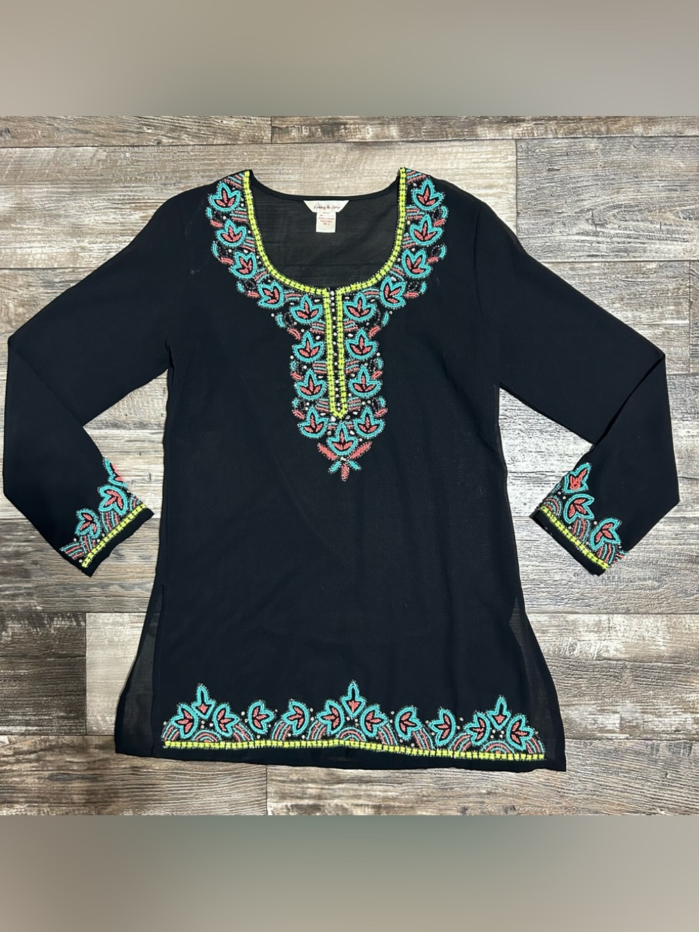 Black Embroidered Sheer Tunic Top with Teal & Coral Accents